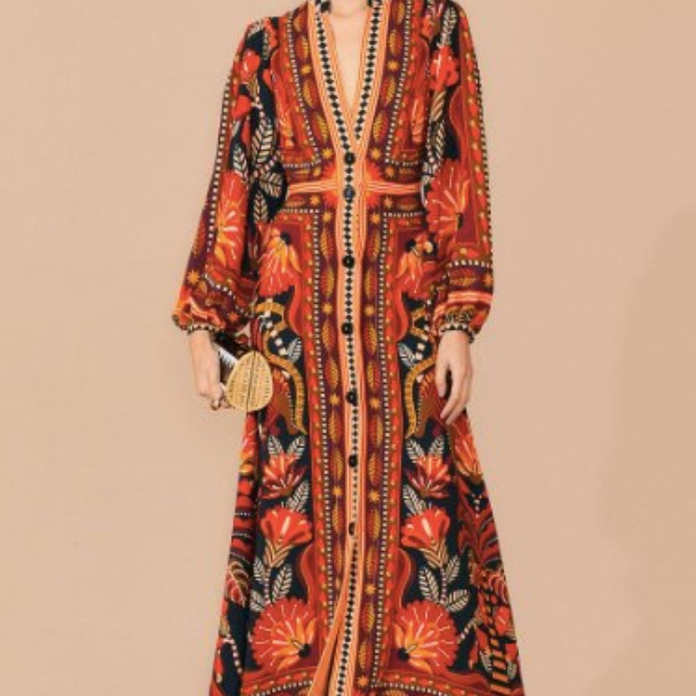 Nature Beauty Red Scarf Long Sleeve Maxi Dress {Farm Rio} —NWT